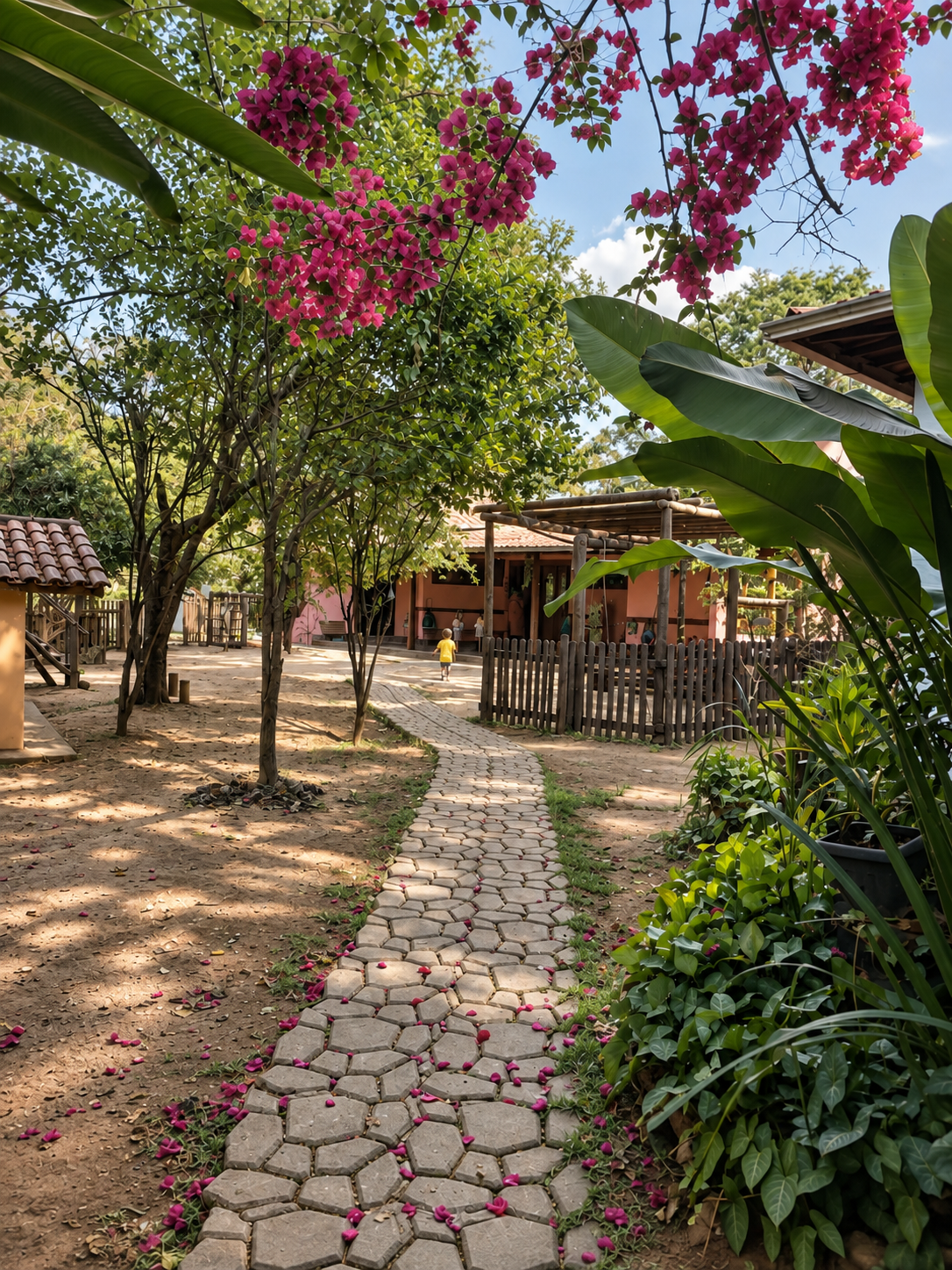 Caminho entre árvores e flores no jardim do Vitória Régia